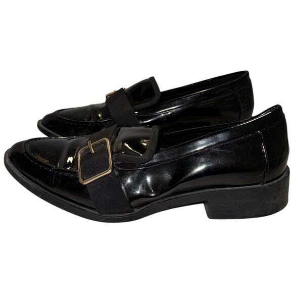 ZARA Vegan Patent Leather Loafers 38 7.5 Low Heel Buckle Detail Goth Preppy Faux - Picture 16 of 16
